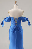 Off The Shoulder Royal Blue Mermaid Corset Satin Long Ball Dress with Slit