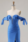Off The Shoulder Royal Blue Mermaid Corset Satin Long Ball Dress with Slit