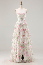 Pink Floral Sweetheart Corset Tiered A-Line Long Ball Dress with Slit