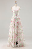 Pink Floral Sweetheart Corset Tiered A-Line Long Ball Dress with Slit
