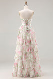 Pink Floral Sweetheart Corset Tiered A-Line Long Ball Dress with Slit