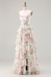 Pink Floral Sweetheart Corset Tiered A-Line Long Ball Dress with Slit
