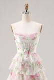 Pink Floral Sweetheart Corset Tiered A-Line Long Ball Dress with Slit