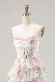 Pink Floral Sweetheart Corset Tiered A-Line Long Ball Dress with Slit