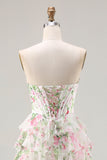 Pink Floral Sweetheart Corset Tiered A-Line Long Ball Dress with Slit