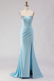 Sky Blue Strapless Beaded Mermaid Corset Long Ball Dress with Slit