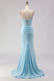 Sky Blue Strapless Beaded Mermaid Corset Long Ball Dress with Slit