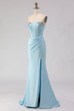 Sky Blue Strapless Beaded Mermaid Corset Long Ball Dress with Slit