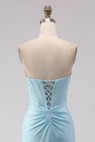 Sky Blue Strapless Beaded Mermaid Corset Long Ball Dress with Slit
