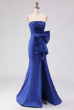 Strapless Royal Blue Mermaid Ruched Side Slit Long Ball Dress with Large Bow