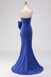 Strapless Royal Blue Mermaid Ruched Side Slit Long Ball Dress with Large Bow