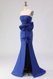 Strapless Royal Blue Mermaid Ruched Side Slit Long Ball Dress with Large Bow
