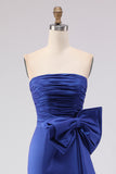 Strapless Royal Blue Mermaid Ruched Side Slit Long Ball Dress with Large Bow