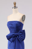 Strapless Royal Blue Mermaid Ruched Side Slit Long Ball Dress with Large Bow