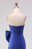 Strapless Royal Blue Mermaid Ruched Side Slit Long Ball Dress with Large Bow