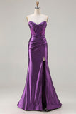 Dark Purple Mermaid Beaded Strapless Corset Long Ball Dress with Slit