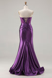 Dark Purple Mermaid Beaded Strapless Corset Long Ball Dress with Slit