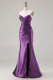 Dark Purple Mermaid Beaded Strapless Corset Long Ball Dress with Slit