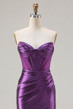 Dark Purple Mermaid Beaded Strapless Corset Long Ball Dress with Slit