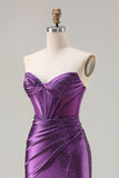 Dark Purple Mermaid Beaded Strapless Corset Long Ball Dress with Slit