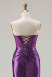 Dark Purple Mermaid Beaded Strapless Corset Long Ball Dress with Slit