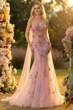 Sweetheart Blush Mermaid Embroidered Long Ball Dress with Neck Scarf