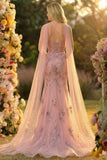 Sweetheart Blush Mermaid Embroidered Long Ball Dress with Neck Scarf