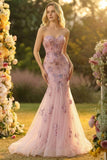 Sweetheart Blush Mermaid Embroidered Long Ball Dress with Neck Scarf
