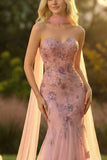 Sweetheart Blush Mermaid Embroidered Long Ball Dress with Neck Scarf
