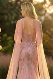 Sweetheart Blush Mermaid Embroidered Long Ball Dress with Neck Scarf