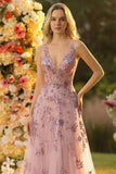 Blush A Line V-Neck Backless Long Ball Dress with Sequins