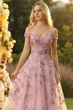 Off The Shoulder Blush A Line Corset Sequin Long Ball Dress