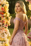 Off The Shoulder Blush A Line Corset Sequin Long Ball Dress