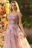 Blush A Line Embroidered Square Neck Long Tulle Ball Dress