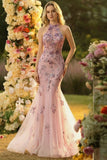 Mermaid Halter Blush Tulle Embroidered Long Ball Dress with Sequins