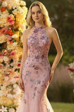 Mermaid Halter Blush Tulle Embroidered Long Ball Dress with Sequins