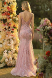 Sparkly Blush Mermaid Spaghetti Straps Long Ball Dress with Sequins