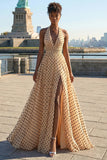 Apricot Black Dot A Line Halter Bowed Long Ball Dress with Slit