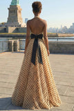 Apricot Black Dot A Line Halter Bowed Long Ball Dress with Slit