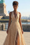 Apricot Black Dot A Line Halter Bowed Long Ball Dress with Slit