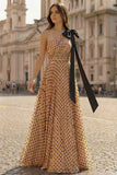 One Shoulder Apricot Black Dot A Line Prinred Long Ball Dress with Bow