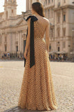 One Shoulder Apricot Black Dot A Line Prinred Long Ball Dress with Bow