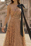 One Shoulder Apricot Black Dot A Line Prinred Long Ball Dress with Bow