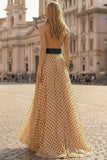 Halter A Line Prinred Apricot Black Dot Side Slit Long Ball Dress with Bow