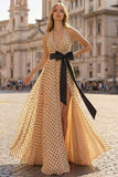 Halter A Line Prinred Apricot Black Dot Side Slit Long Ball Dress with Bow