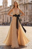 Halter A Line Prinred Apricot Black Dot Side Slit Long Ball Dress with Bow
