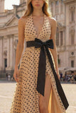 Halter A Line Prinred Apricot Black Dot Side Slit Long Ball Dress with Bow