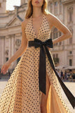 Halter A Line Prinred Apricot Black Dot Side Slit Long Ball Dress with Bow