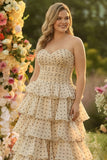Sweetheart A Line Tiered Apricot Black Dot Long Plus Size Prom Dress with Ruffles