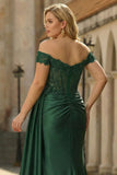 Off The Shoulder Dark Green Mermaid Plus Size Sequin Long Prom Dress with Slit